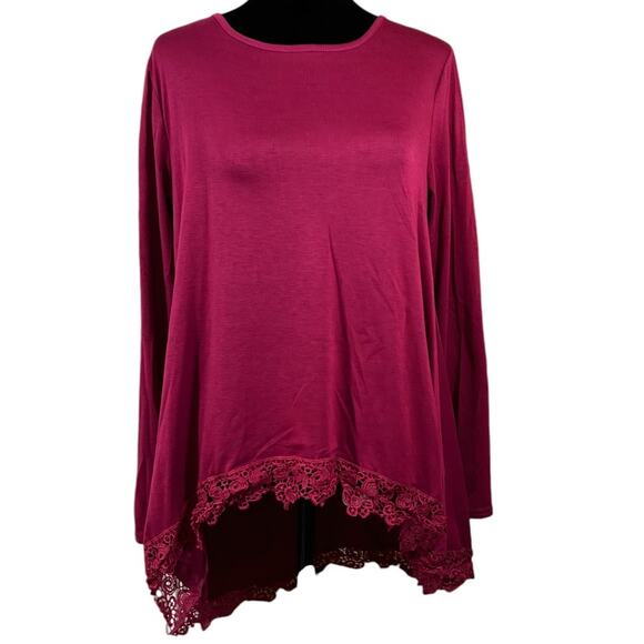 Crochet Accent Tunic Top Scoop Neck Asymmetrical Hem Long Sleeve Large Burgundy - Picture 1 of 11